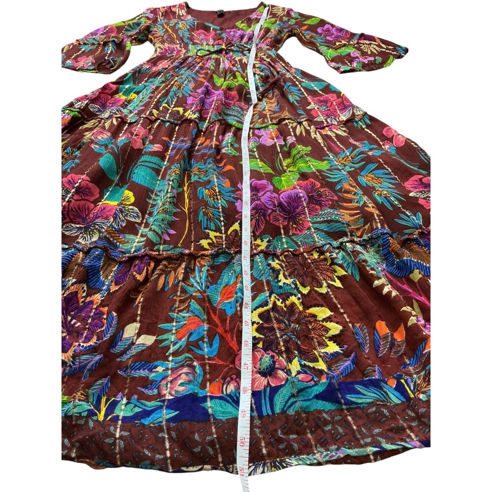 Me 2 Magic Anthropologie Maxi Dress S Floral Gold Stripe Fairy Whimsigoth  BOHO - Picture 11 of 14